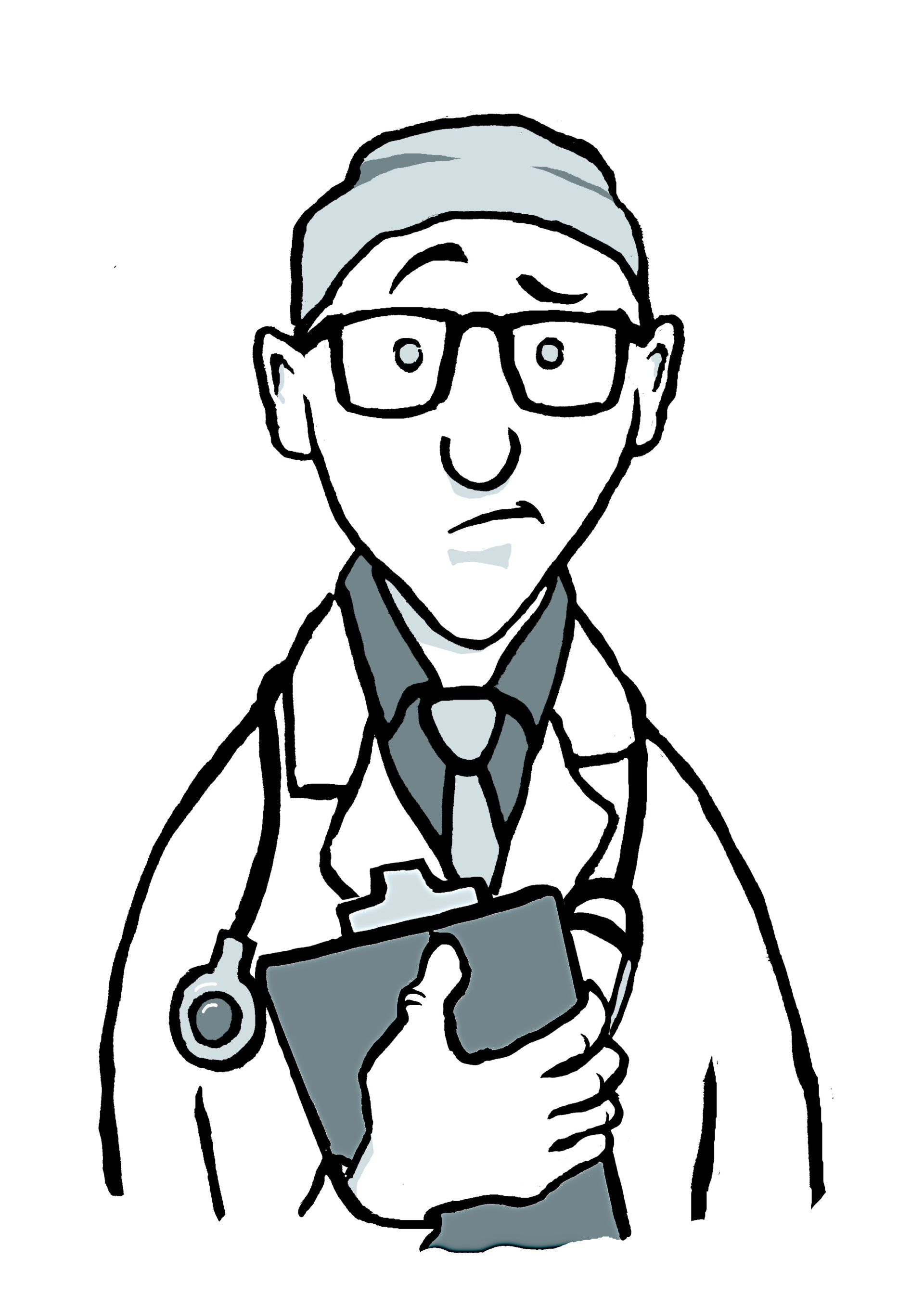 Piirroskuva. Hölmistyneen näköinen lääkärihahmo valkoisessa takissa, stetoskooppi kaulassa ja potilaskansio kädessä.