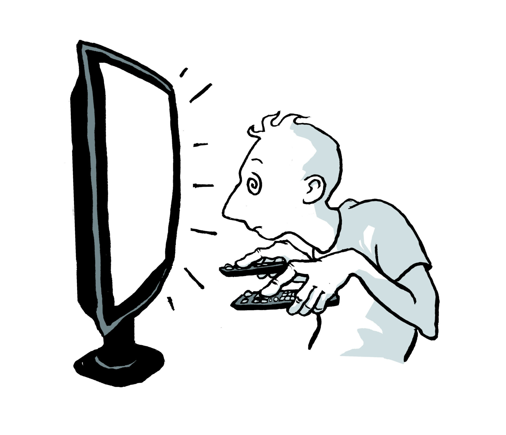 Piirroskuvassa vasemmalla on suurensuuri tietokoneen tai television ruutu, Oikealla oleva ihminen tuijottaa ruutua lasittunein silmin molemmissa käsissään kaukosäätimet.