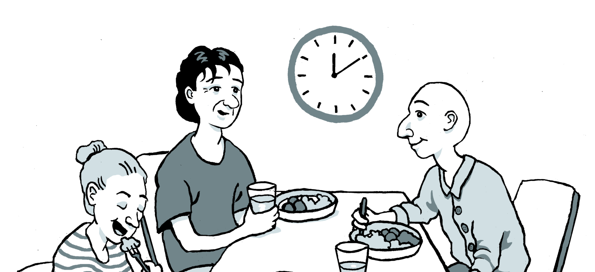 Kolme piirroshahmoa istuu pöydän ympärillä syömässä lounasta. Taustalla näkyy kello, joka näyttää lounasaikaa 12.10.