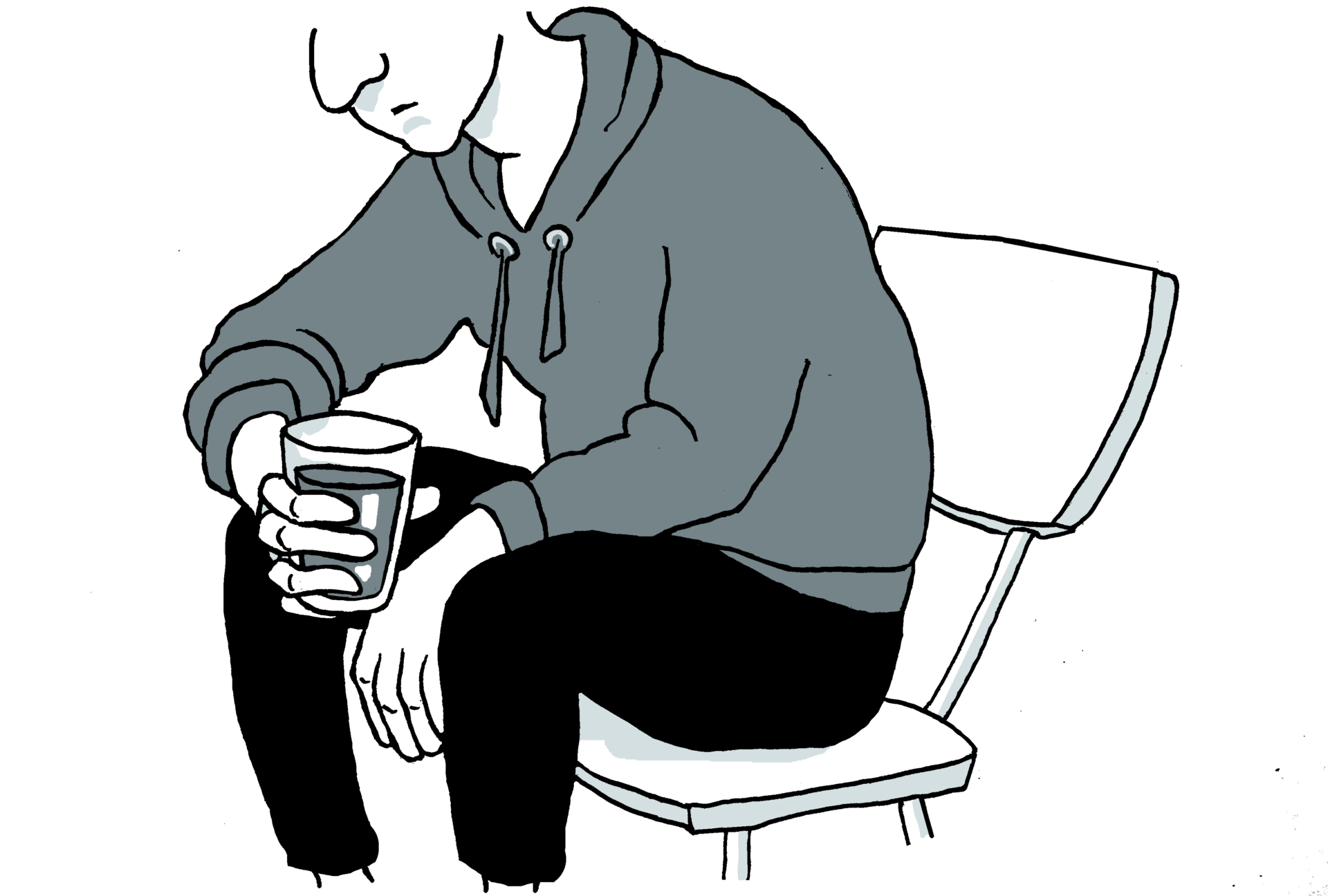 Apea piirroshahmo istuu tuolilla selkä kyyryssä ja lasi kädessä.