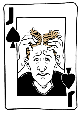 Piirretty patajätkäpelikortti, jossa keskellä on epätoivoisen oloinen hiuksiaan harova ihminen.
