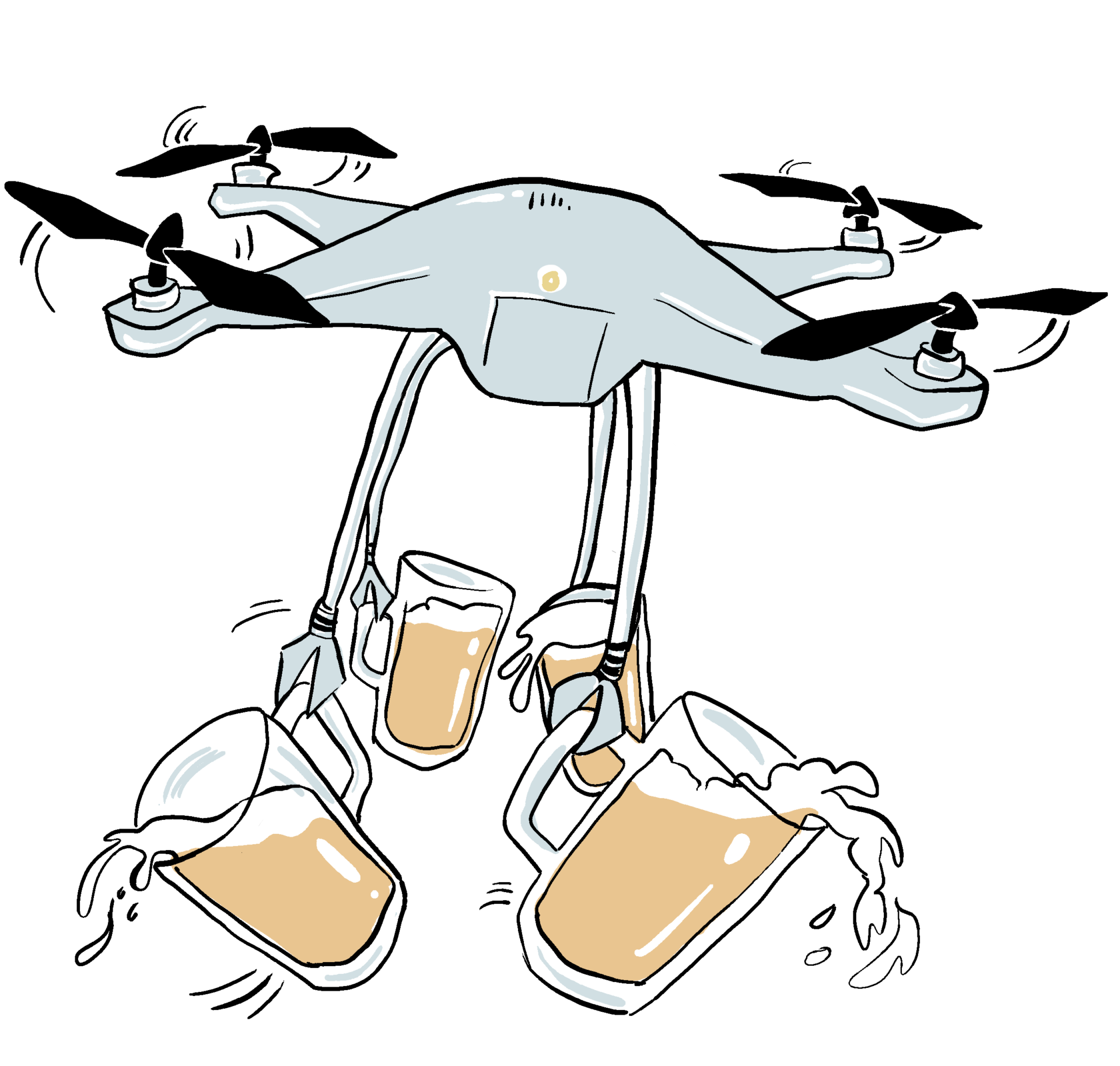 Piirroksessa drone lentää ja kuljettaa neljää kolpakkoa, jotka läikyttävät juomaa yli.