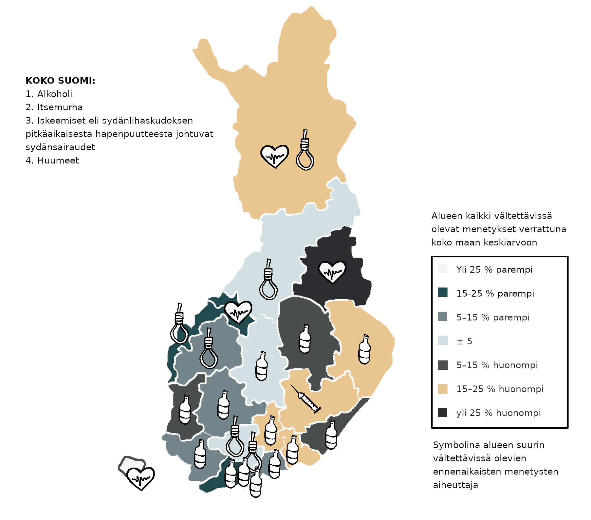 Suomen kartta, jossa on vältettävissä olevat alkoholikuolemat alueittain.