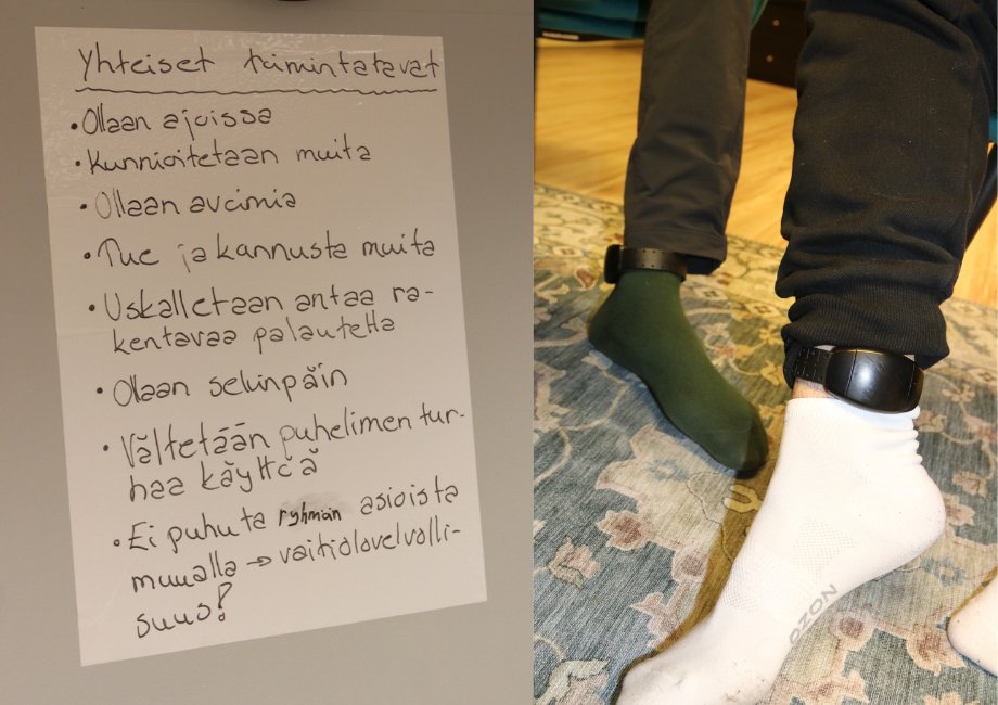 Kuva yhteisistä pelisäännöistä (Ollaan ajoissa, avoimia, selvin päin sekä kunnioitetaan muita, ei puhuta asioista muualla, vältetään puhelimen käyttöä. Vierellä näkyy kahden miehen jalat, joissa nilkkapannat.