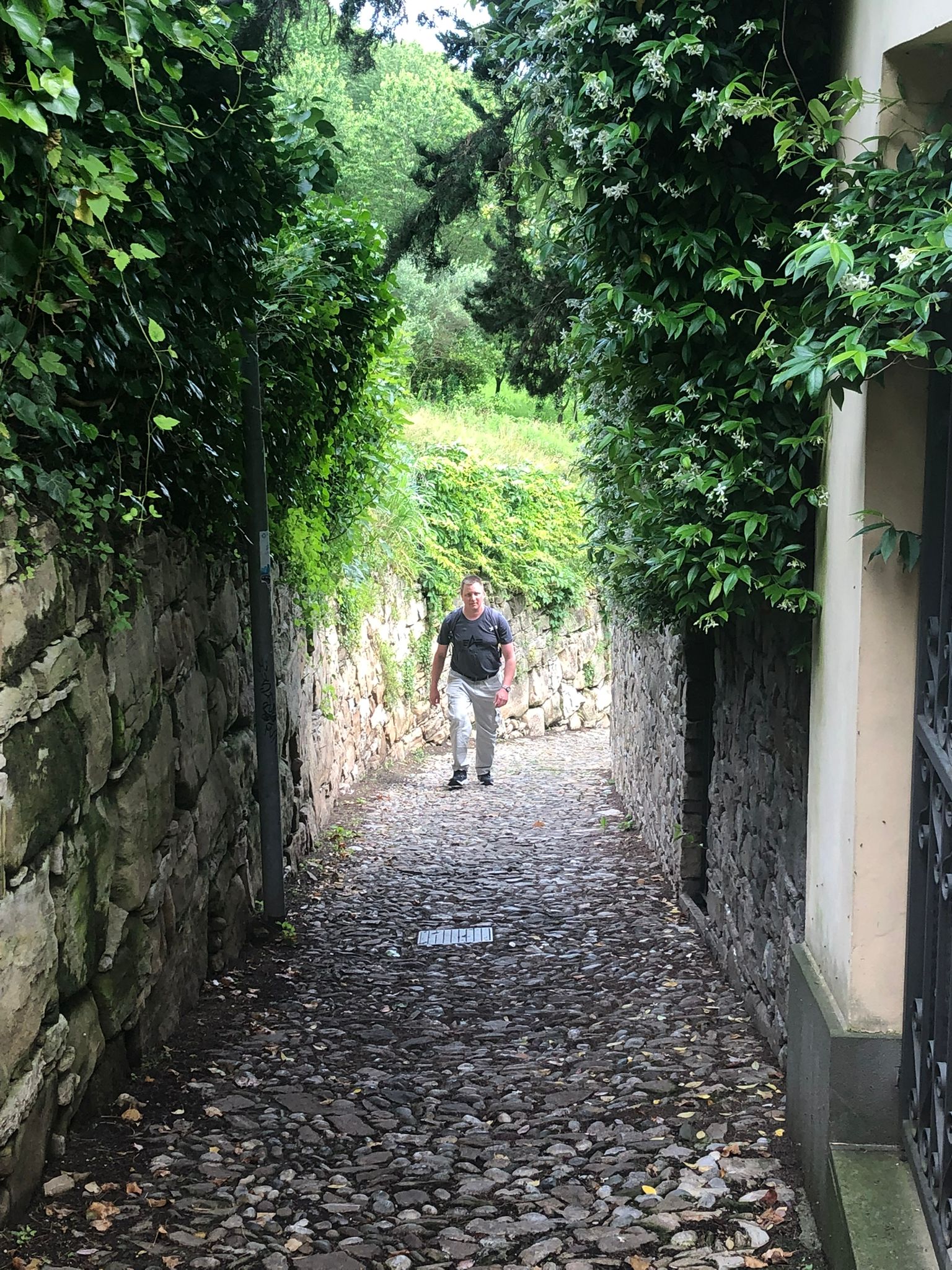Mies kävelee kapeaa kivettyä tietä ylöspäin.