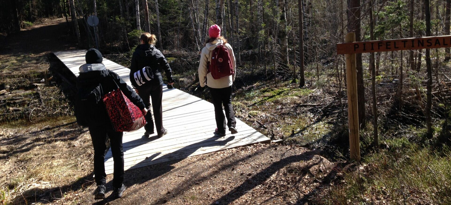 Etualalla on kolme ihmistä takaapäin astumassa metsäpolulta pitkospuille. Kaikilla on reput selässä. Taka-alalla on metsä.