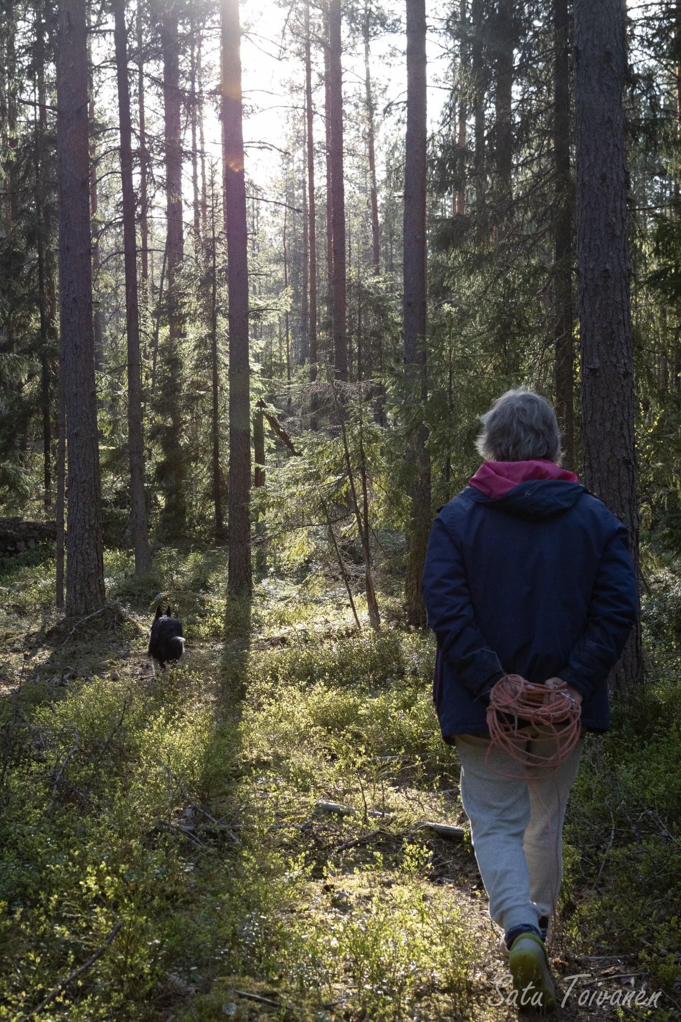 Ihminen selkäpuolelta metsässä.