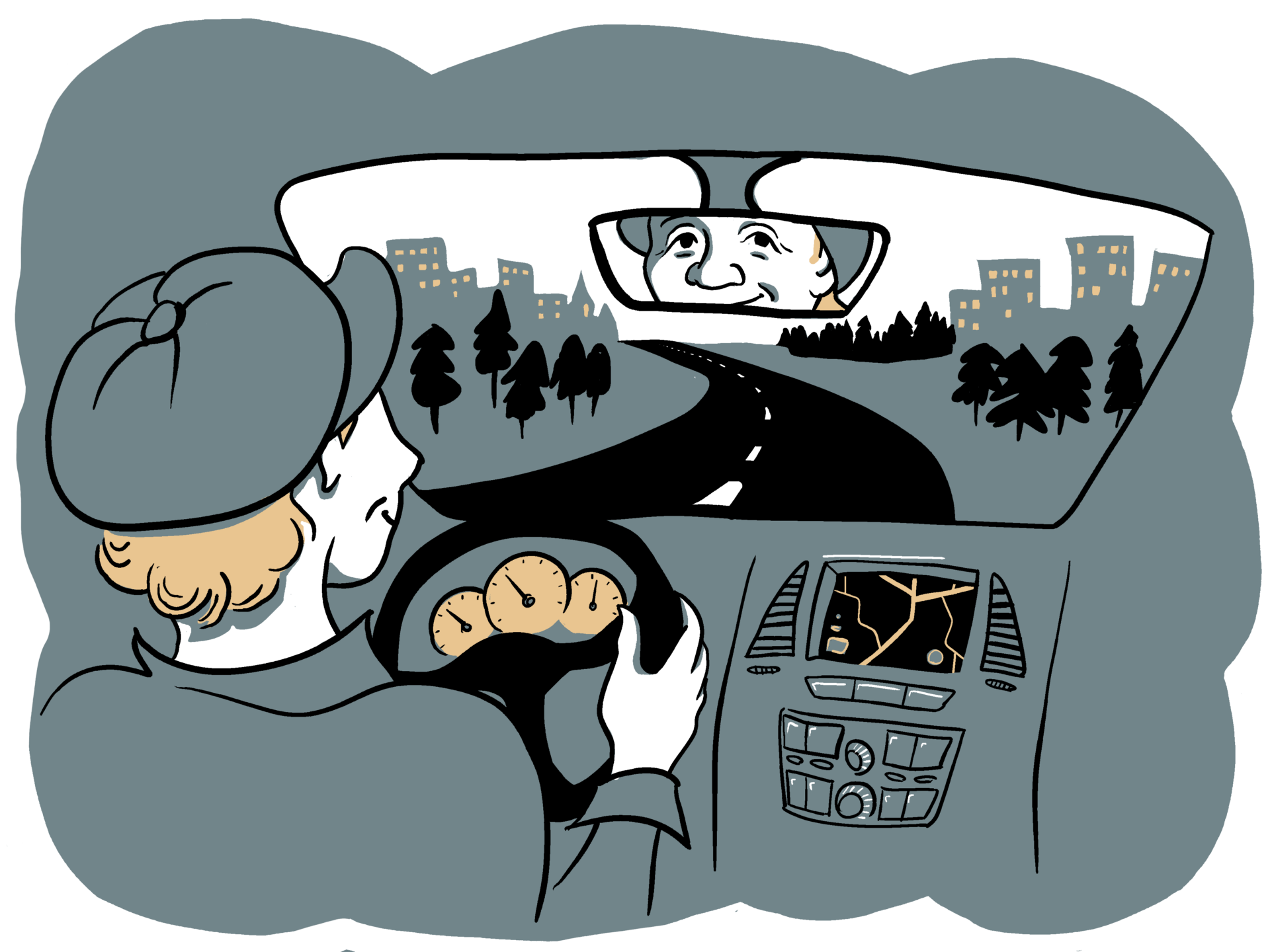 Piirroskuvassa on hymyilevä henkilö auton ratissa, etuikkunasta näkyy tie ja metsämaisema, peruutuspeilistä näkyy kuljettajan hymyilevät kasvot.