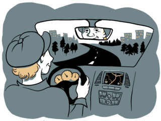 Piirroskuvassa on hymyilevä henkilö auton ratissa, etuikkunasta näkyy tie ja metsämaisema, peruutuspeilistä näkyy kuljettajan hymyilevät kasvot.