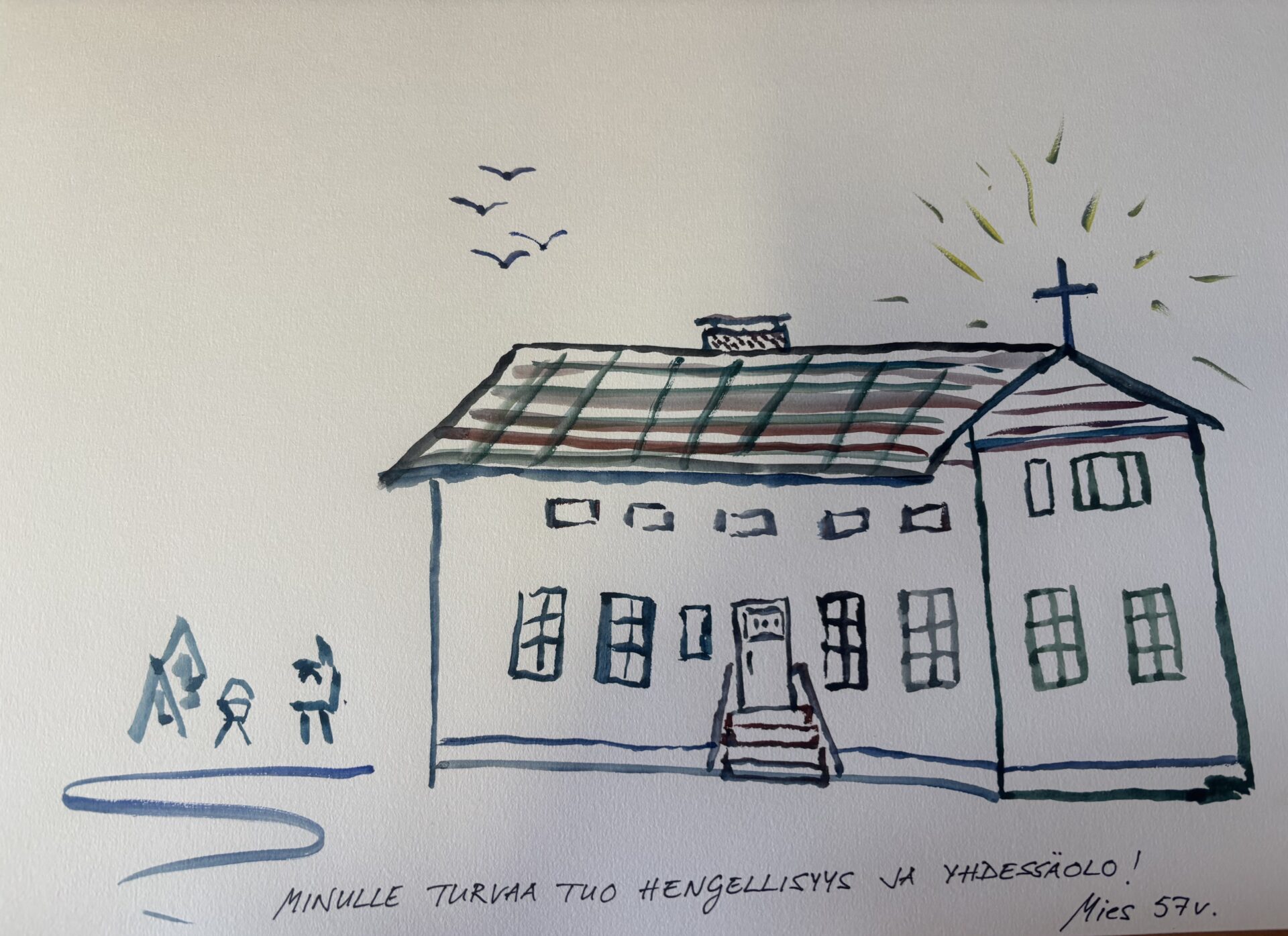 Piirroskuvassa on iso, kaksikerroksinen talo, jossa on ikkunoita kahdessa rivissä, ovi ja ovelle johtavat portaat sekä risti katolla.