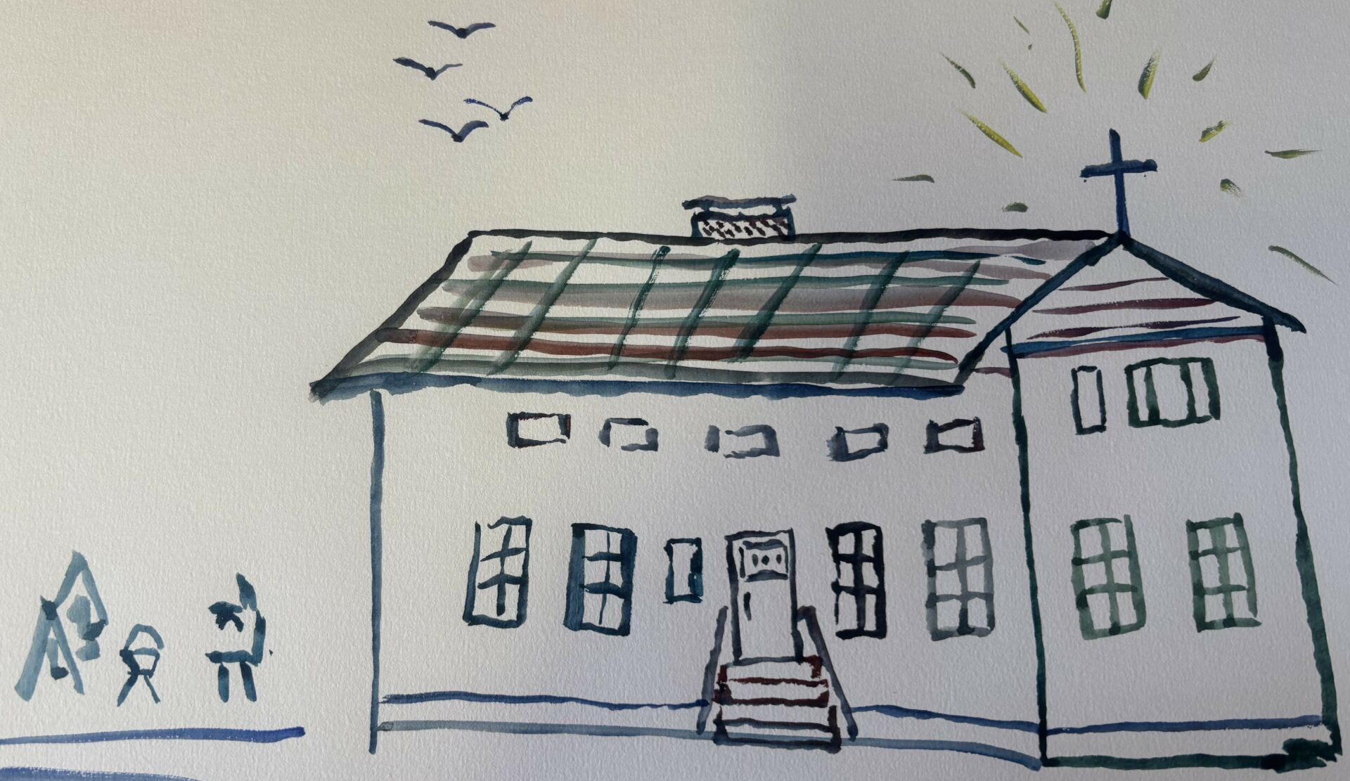 Piirroksessa on talo, jossa on ikkunoita kahdessa kerroksessa iso ovi ja katolla risti.