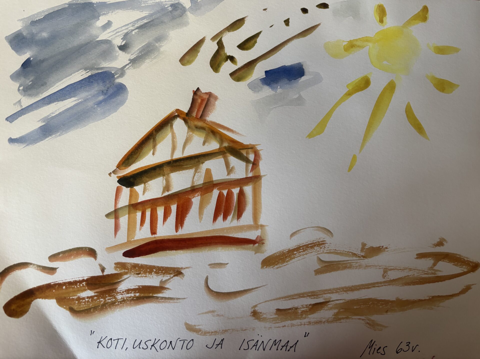 Maalatussa, impressionistisessa kuvassa on talo, aurinko, taivasta ja maata.