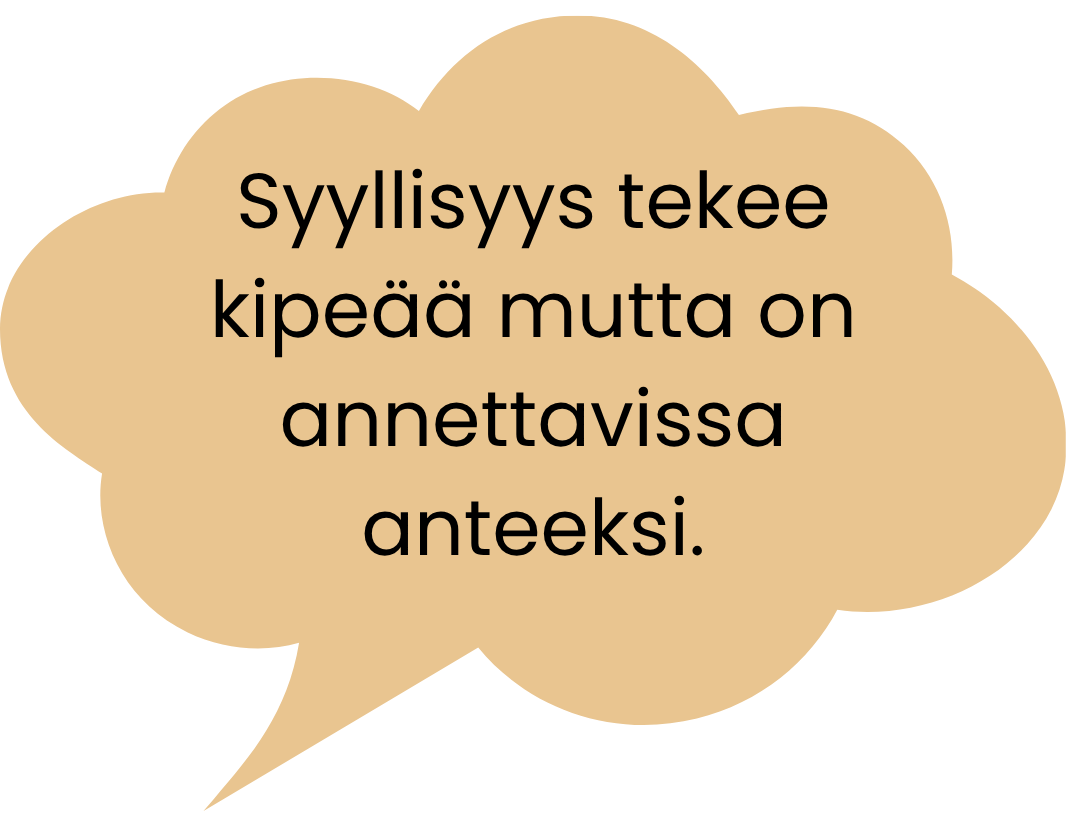 Puhekuplassa on teksti: Syyllisyys tekee kipeää mutta on annettavissa anteeksi.