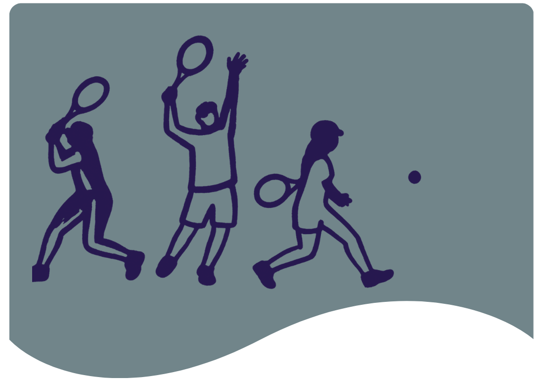 Kolme viivapiirroshahmoa pelaa tennistä.